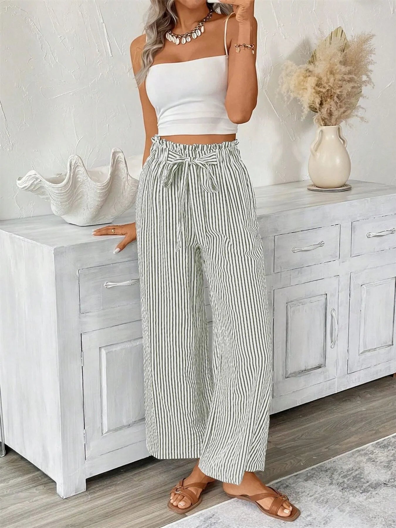 Charlotte | Striped Paperbag Waist Wide Leg Trousers