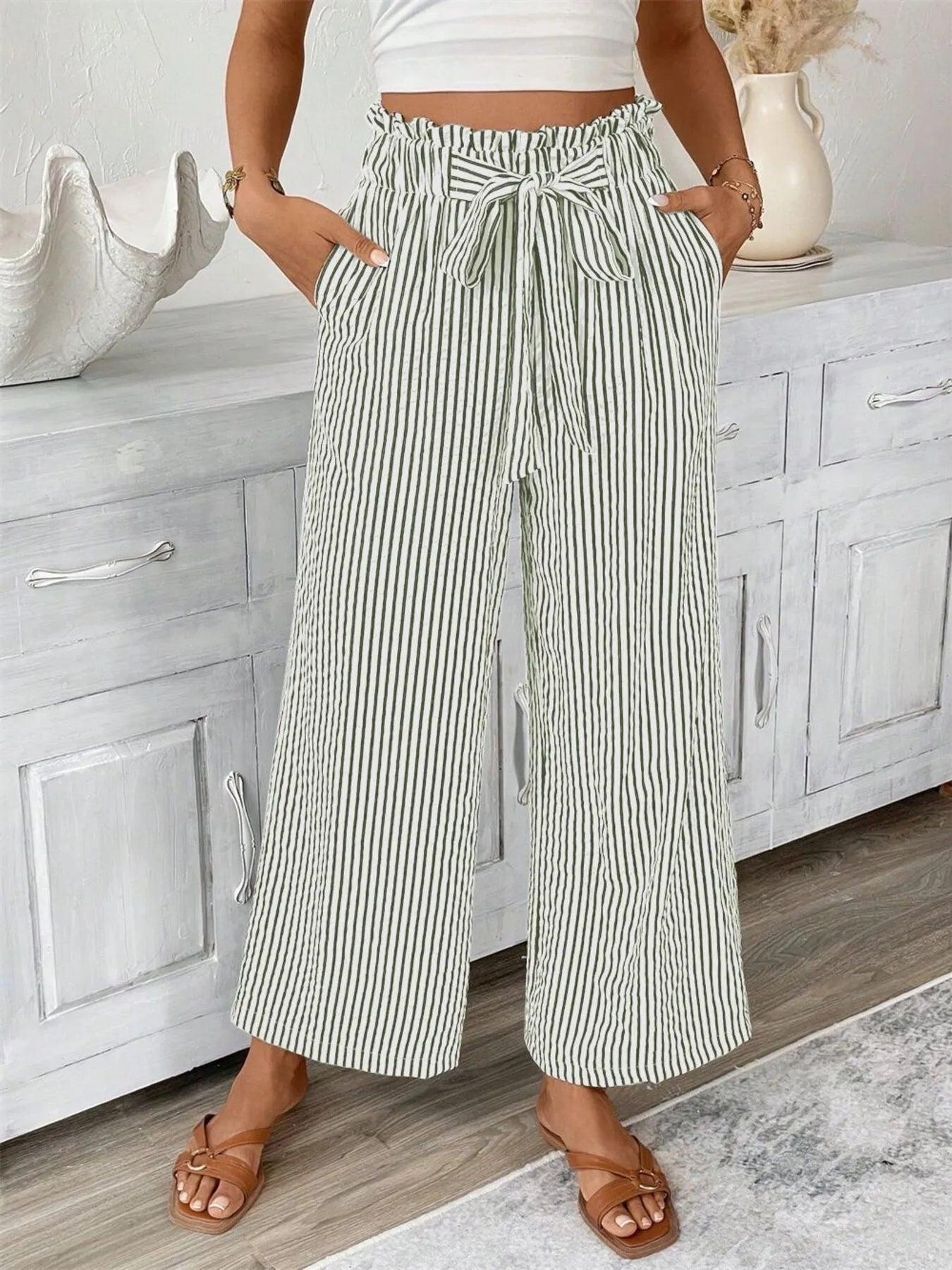 Charlotte | Striped Paperbag Waist Wide Leg Trousers