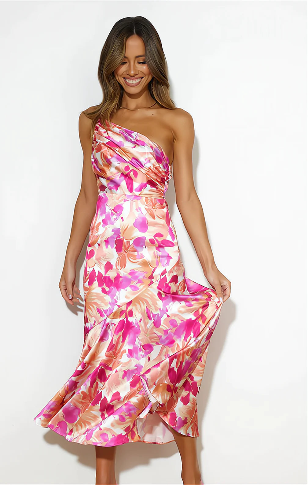 Emmeline | Floral Satin One Shoulder Dress
