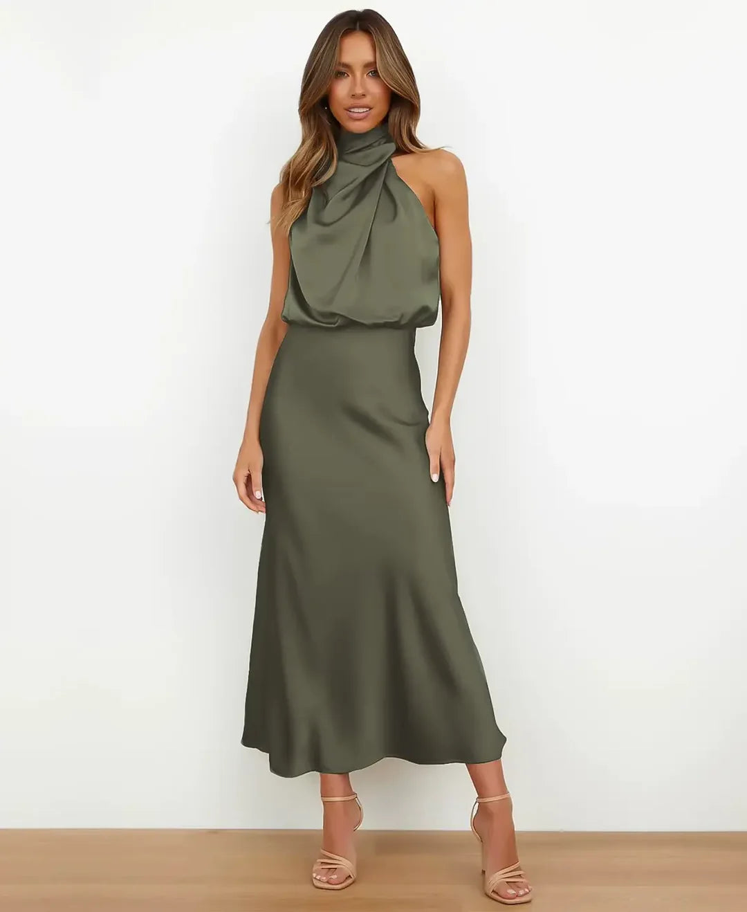 Lillian | Draped Halter Satin Wedding Guest Dress