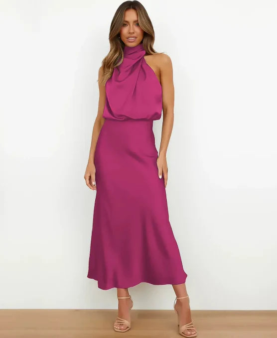Lillian | Draped Halter Satin Wedding Guest Dress