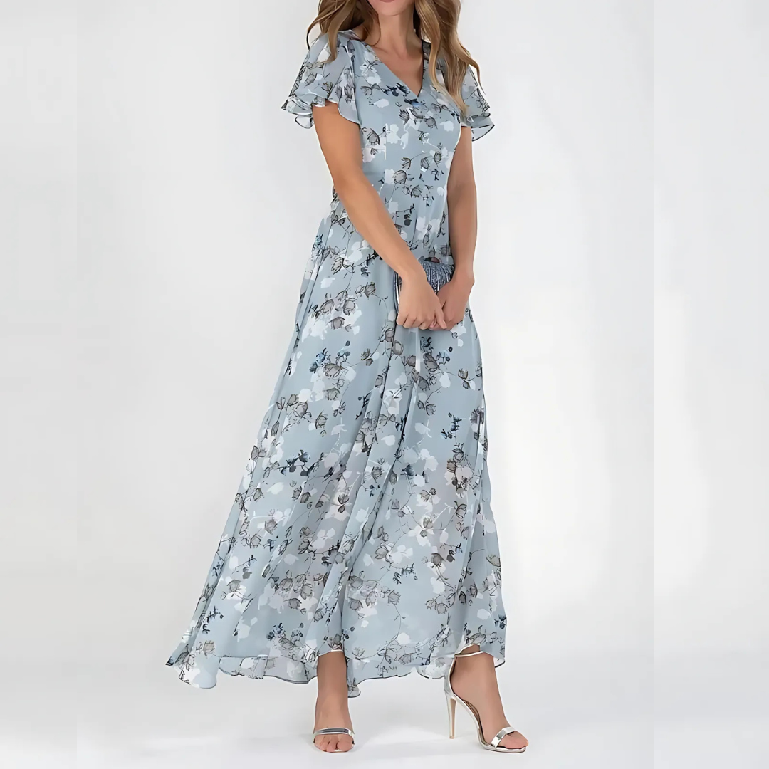 Penelope | Floral Chiffon Flutter Sleeve Wedding Guest Dress
