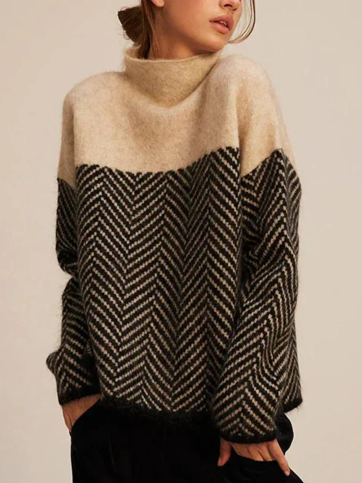 Charlotte | High Neck Herringbone Knit Sweater