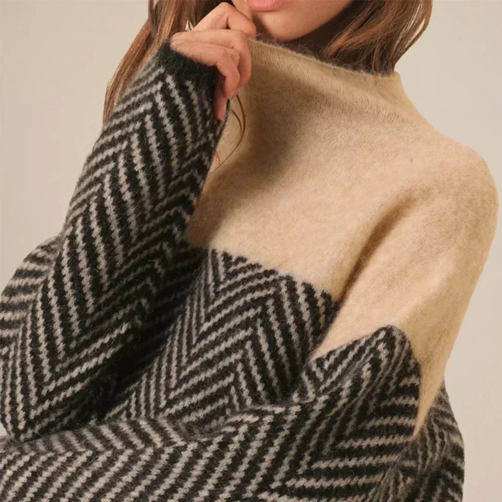 Charlotte | High Neck Herringbone Knit Sweater