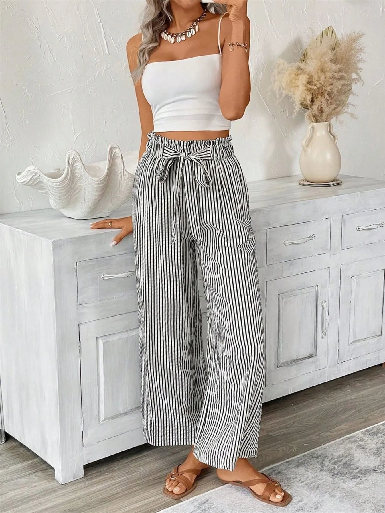 Charlotte | Striped Paperbag Waist Wide Leg Trousers