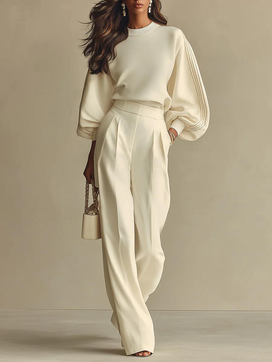 Charlotte | Ribbed Knit Two Piece Set with Wide Leg Trousers