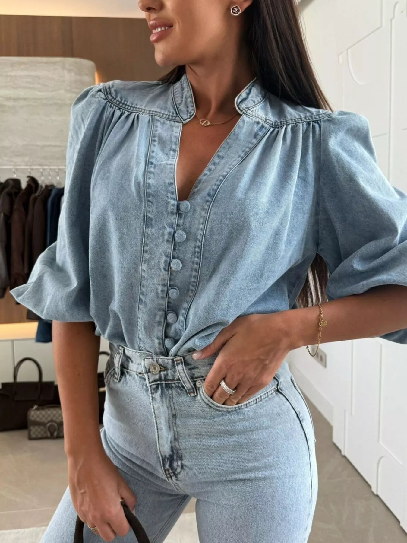 Daphne | Puff Sleeve Denim Blouse