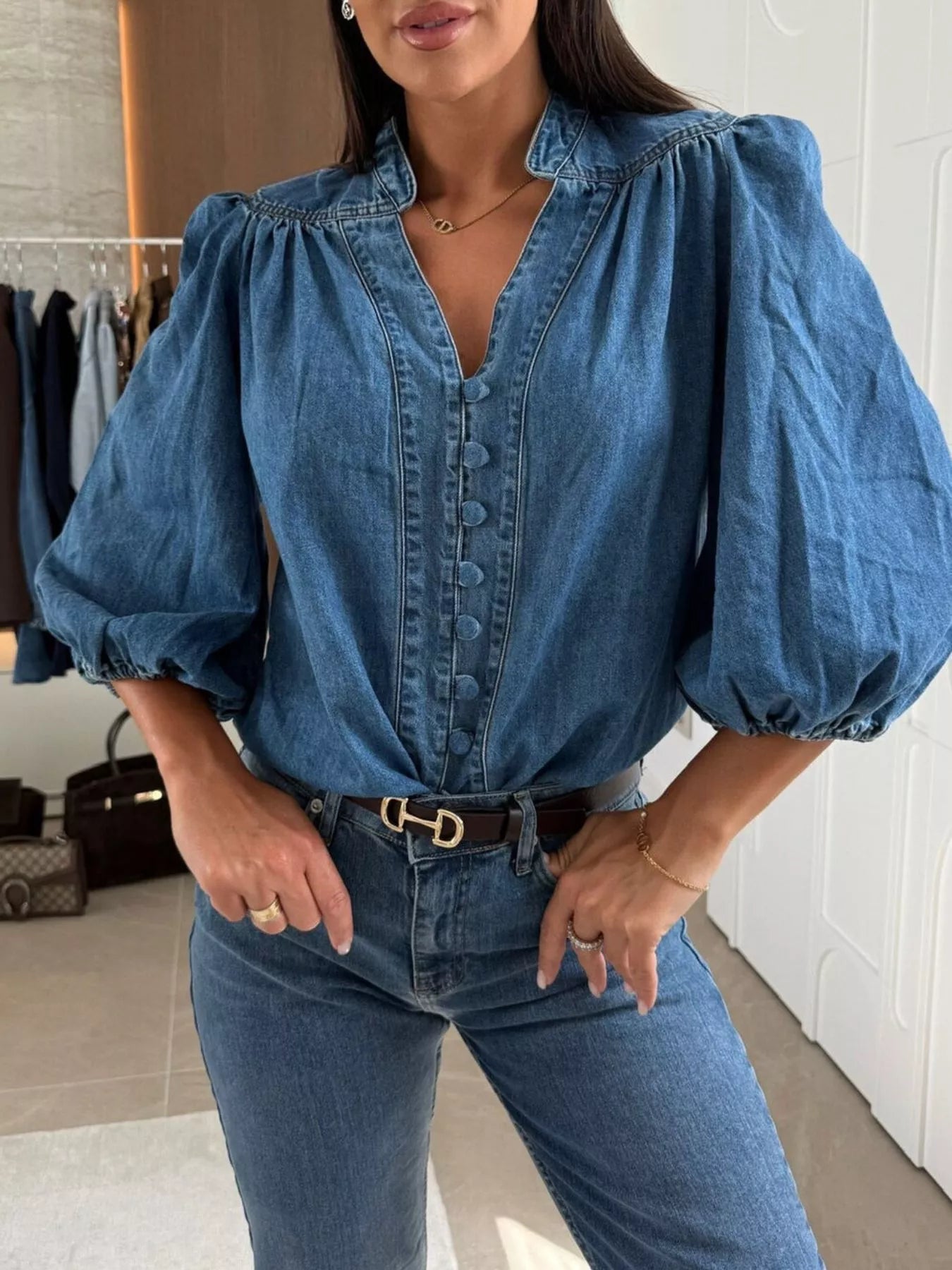 Daphne | Puff Sleeve Denim Blouse