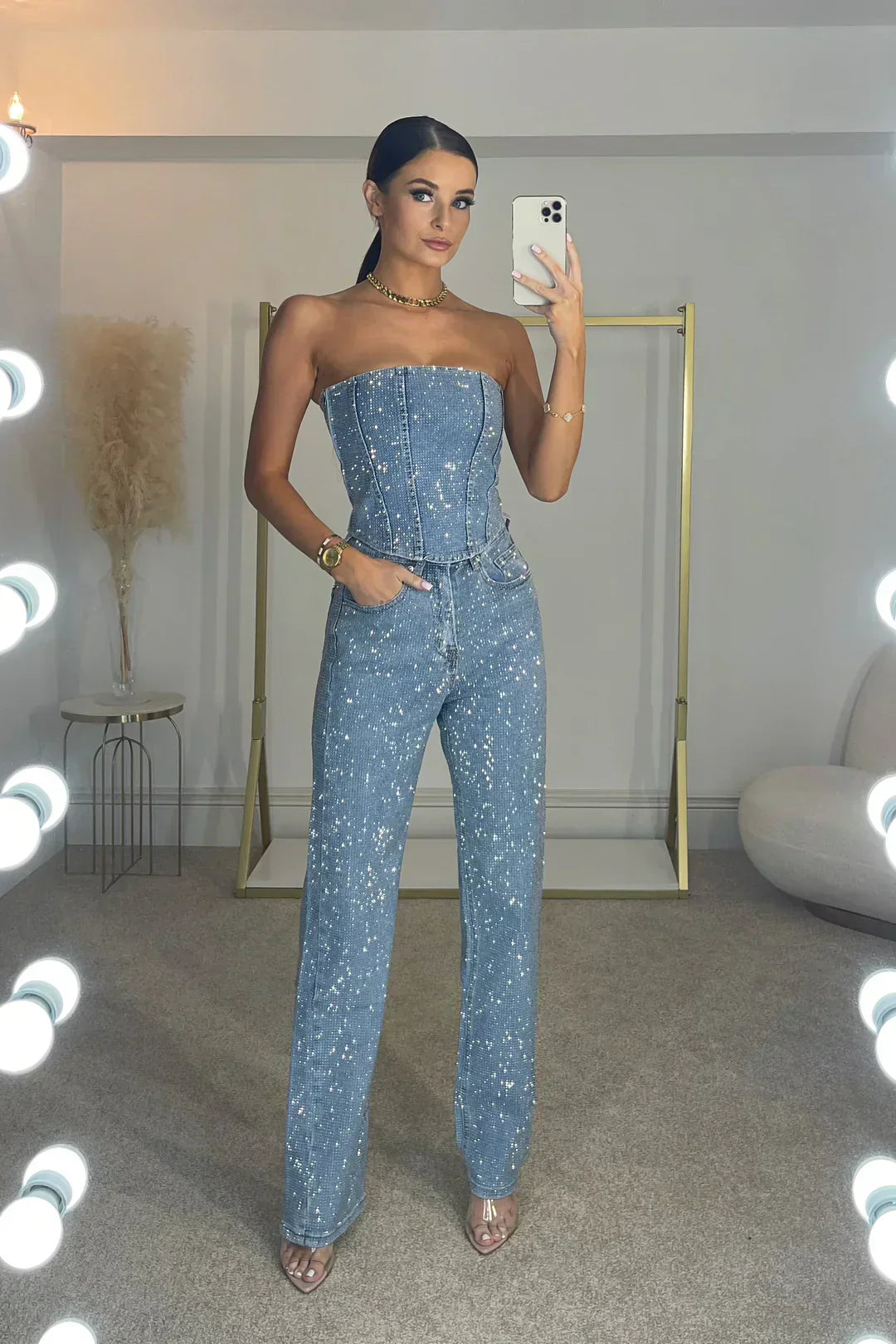 Stella | Glitter High-Waist Trouser Set with Shimmering Top