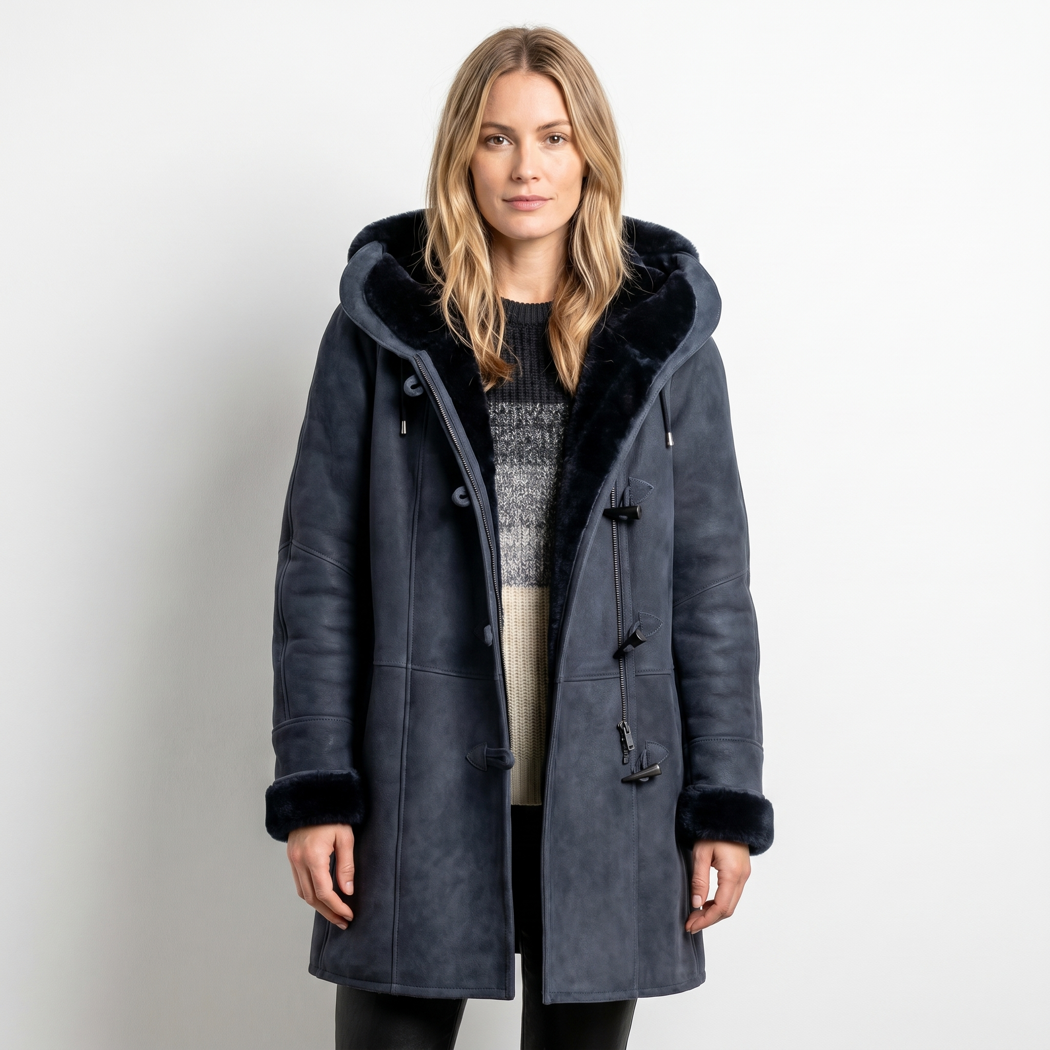 Saskia | Suede Hooded Shearling Coat