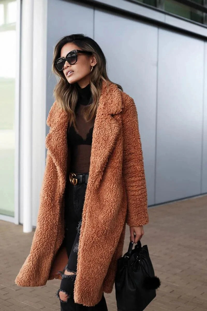 Harriet | Long Teddy Fleece Coat with Oversized Collar