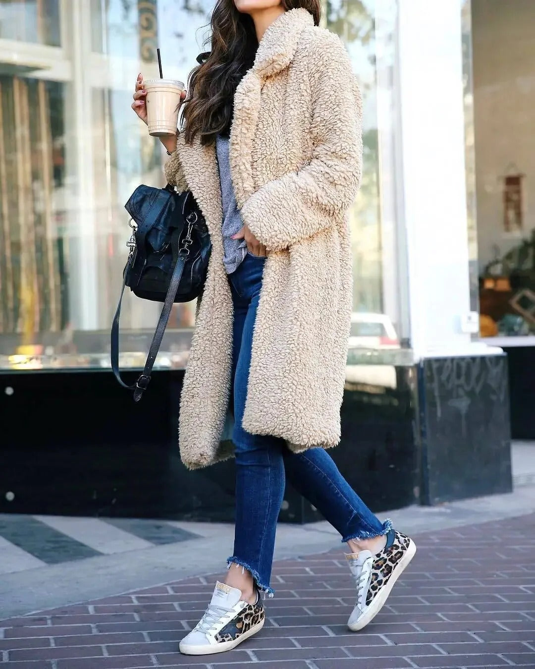 Harriet | Long Teddy Fleece Coat with Oversized Collar