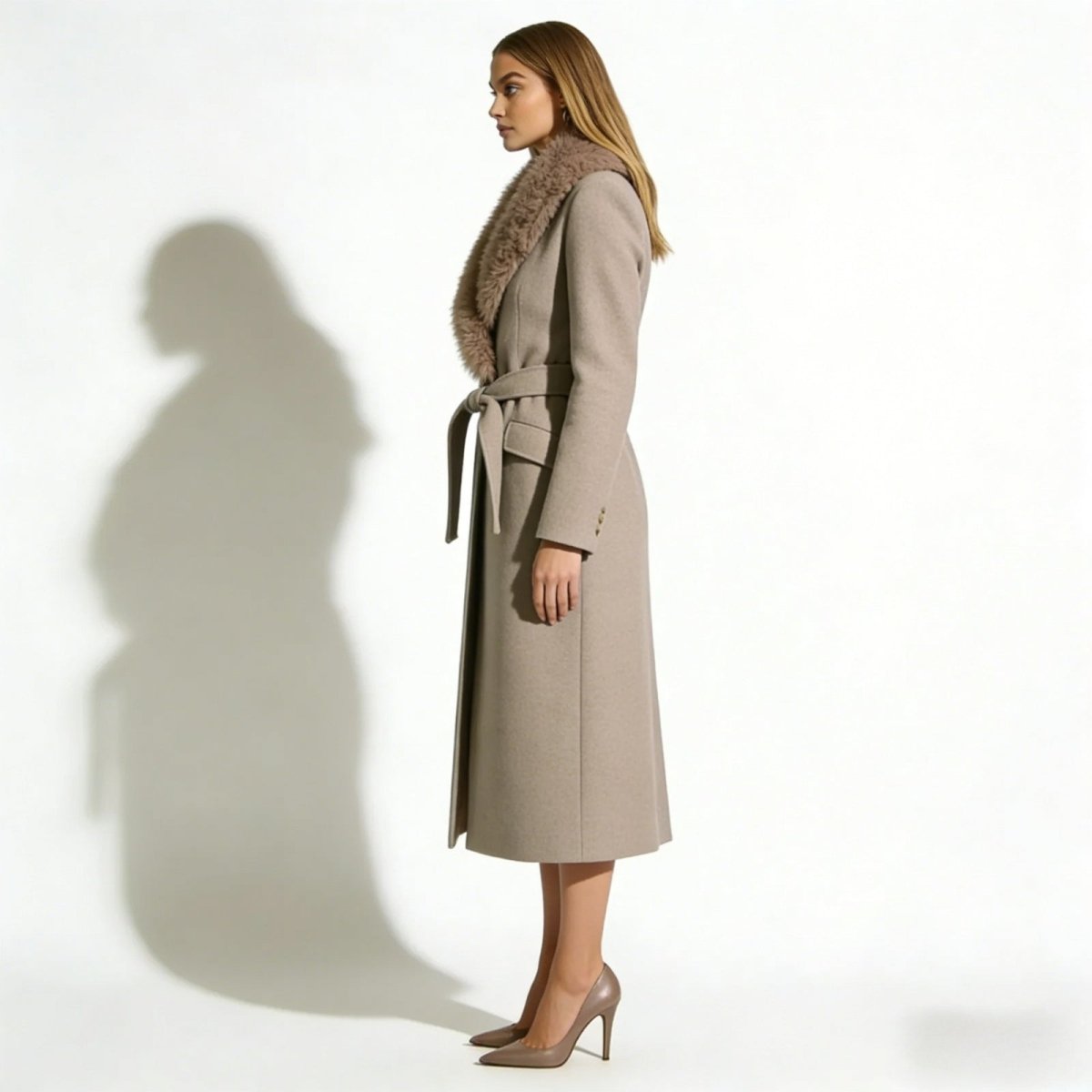 Harriet | Long Wool Coat Faux Fur Collar Belted